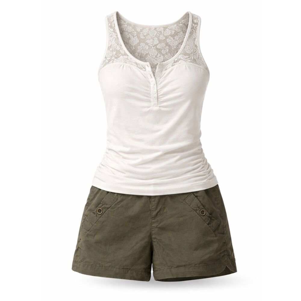 Boho Chic Romper Cream lace top | olive green cargo shorts | size M